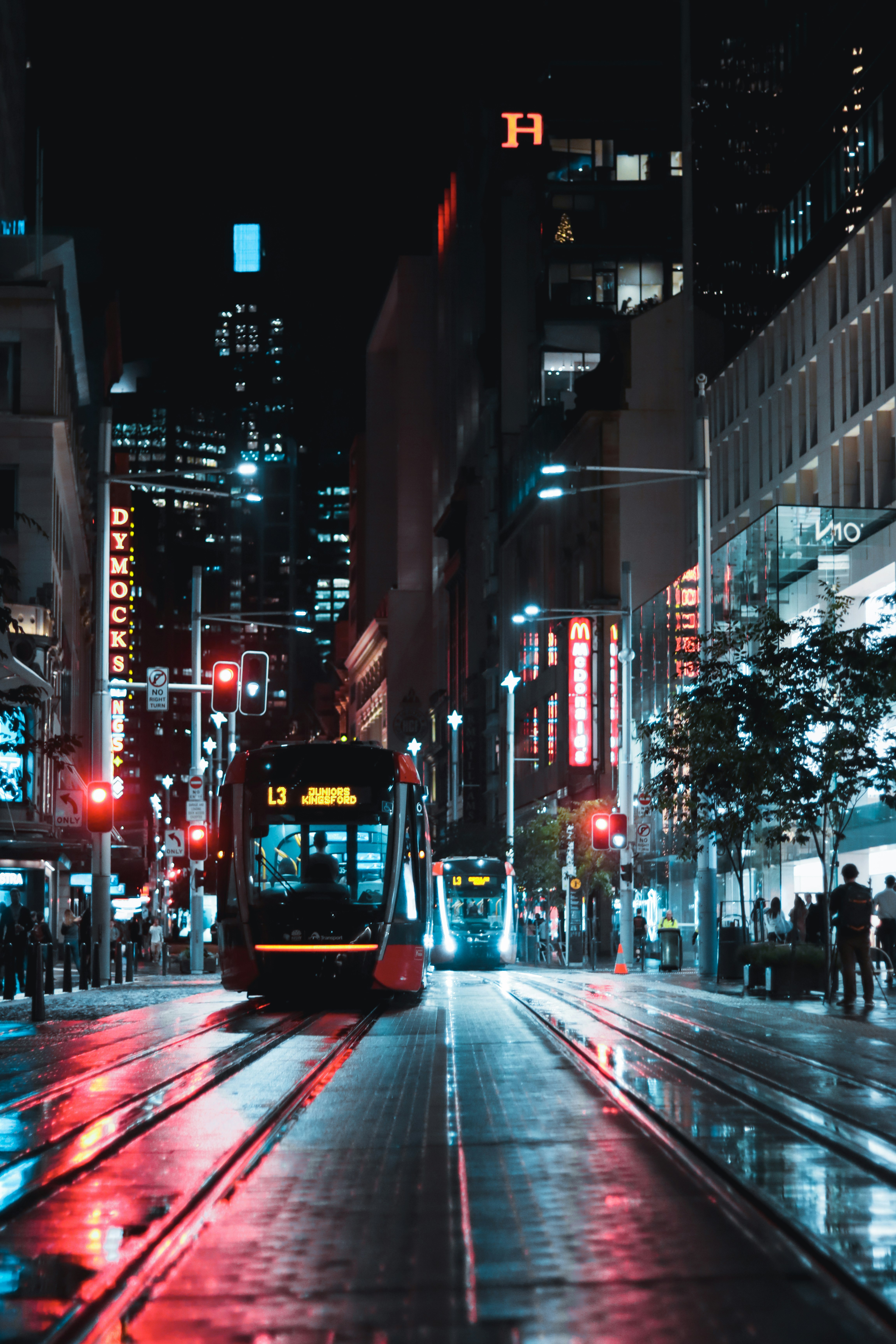 red and black tram on city street during night time